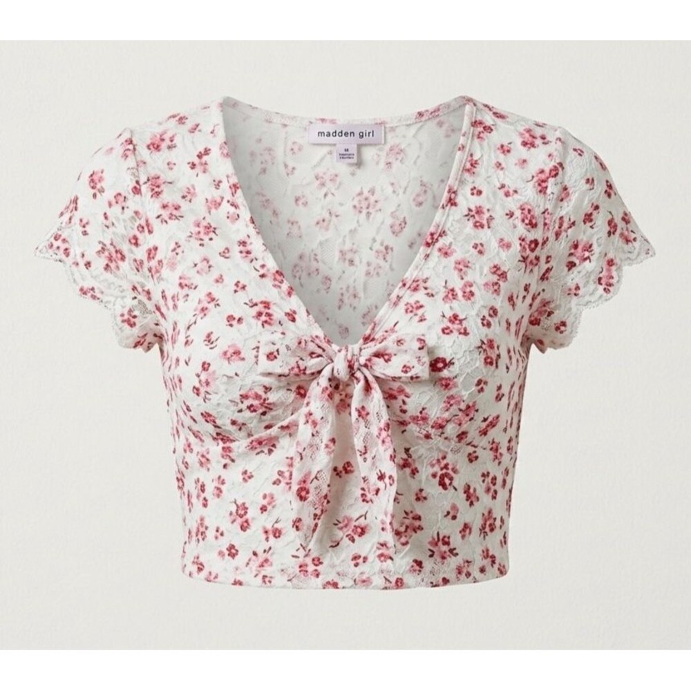 Madden Girl L Floral Lace Tie Front Top Womens Short Sleeve Sheer Blouse White